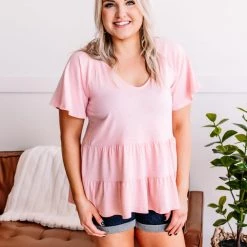 No Ship Drop Ship Pinkin Of You Tiered Babydoll Top In Heathered Pink