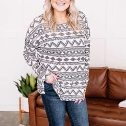 No Ship Drop Ship Out Of Print Aztec Top In Off White & Charcoal New Arrivals