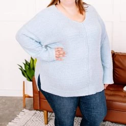 No Ship Drop Ship New Arrivals Over The Top V-Neck Sweater In Icy Blue