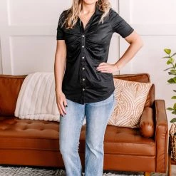 No Ship Drop Ship New Arrivals Oh, Hey There Ruched Button Down Top In Black