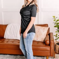 No Ship Drop Ship New Arrivals Oh, Hey There Ruched Button Down Top In Black