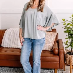No Ship Drop Ship On A Wing Flowy Sleeve Top In Sage
