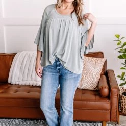 No Ship Drop Ship On A Wing Flowy Sleeve Top In Sage