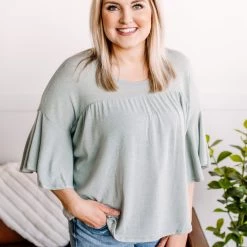 No Ship Drop Ship On A Wing Flowy Sleeve Top In Sage