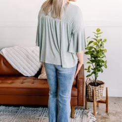 No Ship Drop Ship On A Wing Flowy Sleeve Top In Sage