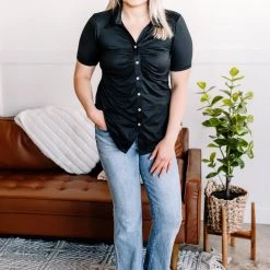 No Ship Drop Ship New Arrivals Oh, Hey There Ruched Button Down Top In Black