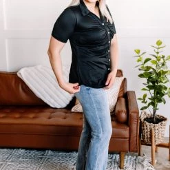 No Ship Drop Ship New Arrivals Oh, Hey There Ruched Button Down Top In Black