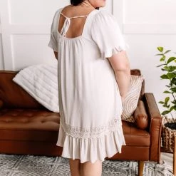 No Ship Drop Ship New Arrivals Oh Pleats Delicate Crochet Dress In Soft Beige