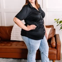 No Ship Drop Ship New Arrivals Oh, Hey There Ruched Button Down Top In Black