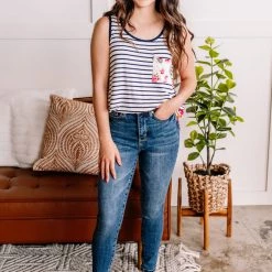 No Ship Drop Ship New Arrivals Flip A Switch Striped Floral Tank In Navy & Ivory