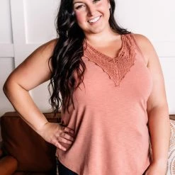 No Ship Drop Ship A Million Miles Crochet V Neck Sleeveless Top In Subdued Sienna