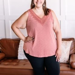 No Ship Drop Ship A Million Miles Crochet V Neck Sleeveless Top In Subdued Sienna