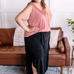 No Ship Drop Ship A Million Miles Crochet V Neck Sleeveless Top In Subdued Sienna