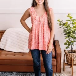 No Ship Drop Ship On The Prowl Ruffled Top In Coral New Arrivals