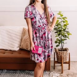 No Ship Drop Ship New Arrivals Time To Bloom Dress In Magenta & Grey