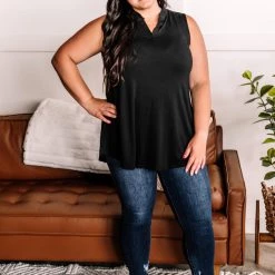 No Ship Drop Ship Almost Perfect Mandarin Collar Sleeveless Top In Black