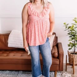 No Ship Drop Ship On The Prowl Ruffled Top In Coral New Arrivals