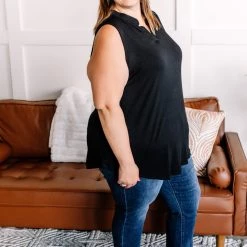 No Ship Drop Ship Almost Perfect Mandarin Collar Sleeveless Top In Black