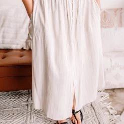 No Ship Drop Ship Fair To Midi Striped Skirt In Oatmeal