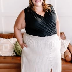 No Ship Drop Ship Fair To Midi Striped Skirt In Oatmeal