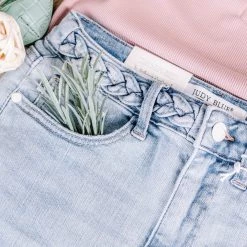 No Ship Drop Ship New Arrivals Twisted Sister Braided Waistband Judy Blue Jean Shorts