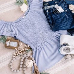 No Ship Drop Ship New Arrivals I Flit, I Float Baby Blue Smocked Flutter Sleeve Top