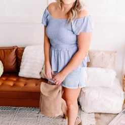 No Ship Drop Ship New Arrivals I Flit, I Float Baby Blue Smocked Flutter Sleeve Top