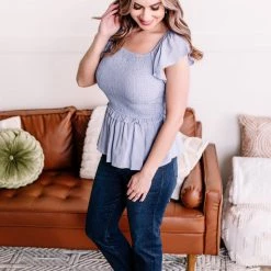 No Ship Drop Ship New Arrivals I Flit, I Float Baby Blue Smocked Flutter Sleeve Top