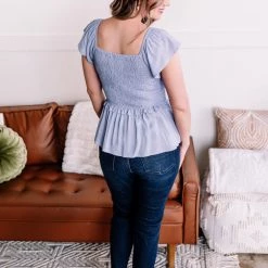 No Ship Drop Ship New Arrivals I Flit, I Float Baby Blue Smocked Flutter Sleeve Top