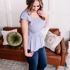 No Ship Drop Ship New Arrivals I Flit, I Float Baby Blue Smocked Flutter Sleeve Top