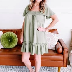 No Ship Drop Ship New Arrivals Cruisin' Together Smocked Flutter Sleeve Dress In Willow Tree