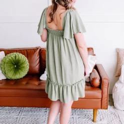 No Ship Drop Ship New Arrivals Cruisin' Together Smocked Flutter Sleeve Dress In Willow Tree