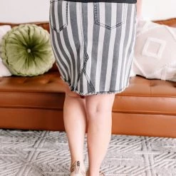 No Ship Drop Ship They See Me Strollin' Striped Denim Skirt In Charcoal