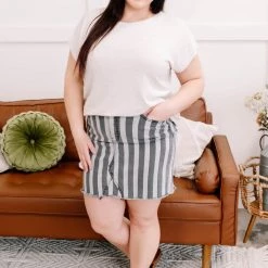 No Ship Drop Ship They See Me Strollin' Striped Denim Skirt In Charcoal