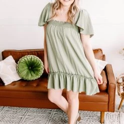 No Ship Drop Ship New Arrivals Cruisin' Together Smocked Flutter Sleeve Dress In Willow Tree