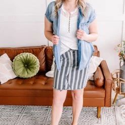 No Ship Drop Ship They See Me Strollin' Striped Denim Skirt In Charcoal