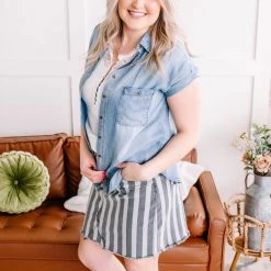 No Ship Drop Ship They See Me Strollin' Striped Denim Skirt In Charcoal