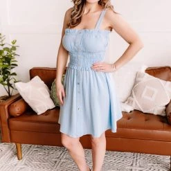 No Ship Drop Ship New Arrivals Holding It Together Smocked Button Up Dress In Baby Blue