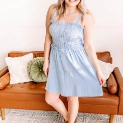 No Ship Drop Ship New Arrivals Holding It Together Smocked Button Up Dress In Baby Blue