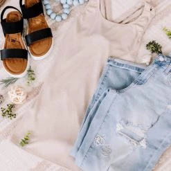 No Ship Drop Ship Back Story Sleeveless Criss Cross Top In Oatmeal