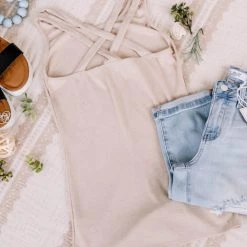 No Ship Drop Ship Back Story Sleeveless Criss Cross Top In Oatmeal