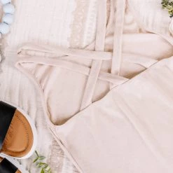 No Ship Drop Ship Back Story Sleeveless Criss Cross Top In Oatmeal