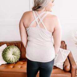 No Ship Drop Ship Back Story Sleeveless Criss Cross Top In Oatmeal