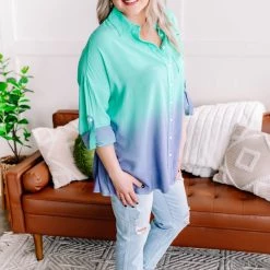 No Ship Drop Ship Chill Out Ombre Button Down Top In Mint Blue New Arrivals