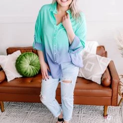 No Ship Drop Ship Chill Out Ombre Button Down Top In Mint Blue New Arrivals