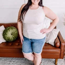 No Ship Drop Ship Back Story Sleeveless Criss Cross Top In Oatmeal