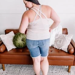 No Ship Drop Ship Back Story Sleeveless Criss Cross Top In Oatmeal