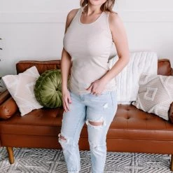 No Ship Drop Ship Back Story Sleeveless Criss Cross Top In Oatmeal