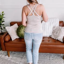 No Ship Drop Ship Back Story Sleeveless Criss Cross Top In Oatmeal