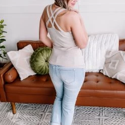 No Ship Drop Ship Back Story Sleeveless Criss Cross Top In Oatmeal